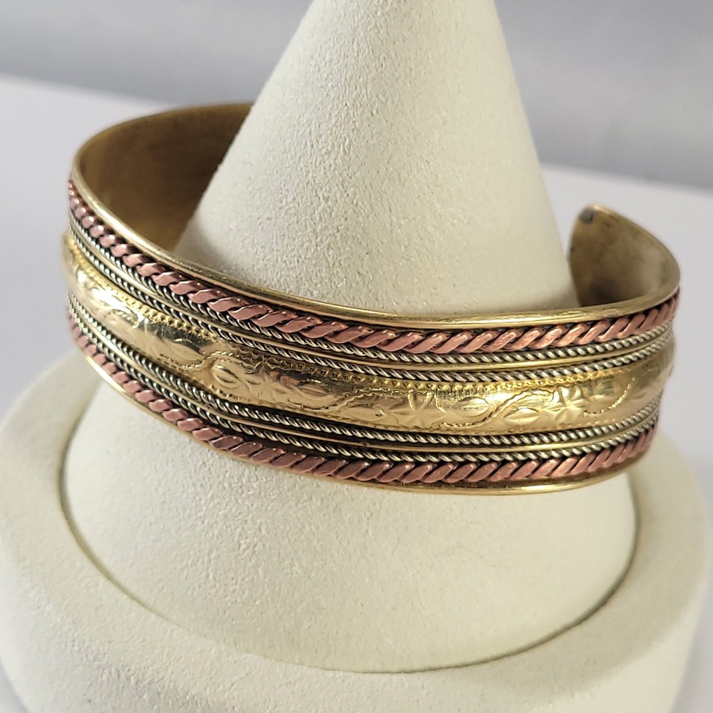 Brass & Copper Cuff Bracelet Braided Floral Etched Made in India